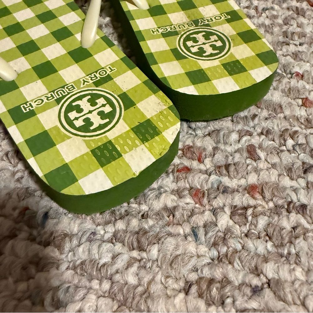 Tory Burch Flip Flop Slip Strap Green Plaid Checkered Sandals- Size 8 - Picture 4 of 8